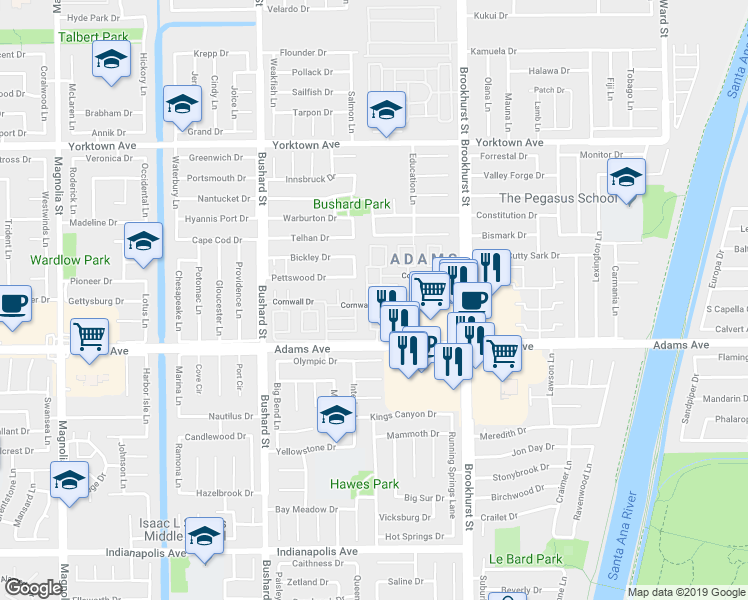 map of restaurants, bars, coffee shops, grocery stores, and more near 19902 Vermont Lane in Huntington Beach