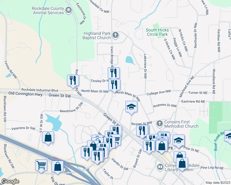 map of restaurants, bars, coffee shops, grocery stores, and more near 1075 Irwin Bridge Road Northwest in Conyers
