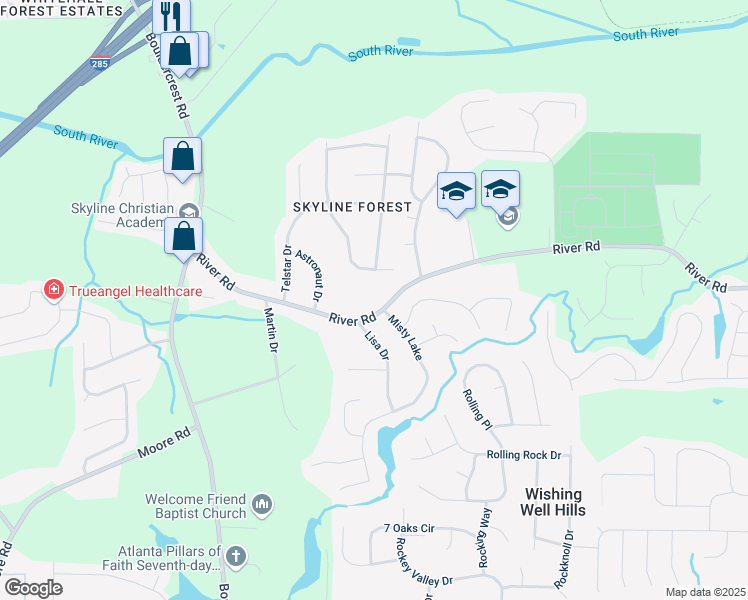 map of restaurants, bars, coffee shops, grocery stores, and more near 2214 River Road in Ellenwood
