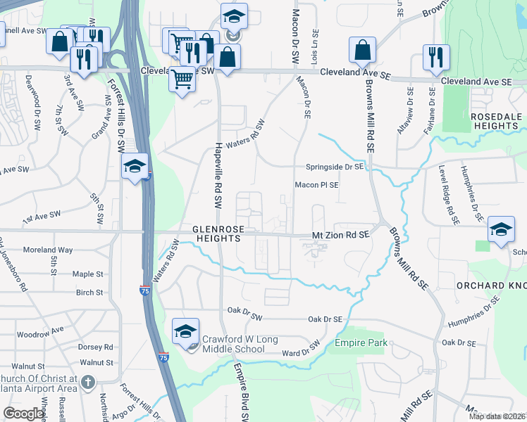 map of restaurants, bars, coffee shops, grocery stores, and more near 15 Mount Zion Road Southwest in Atlanta