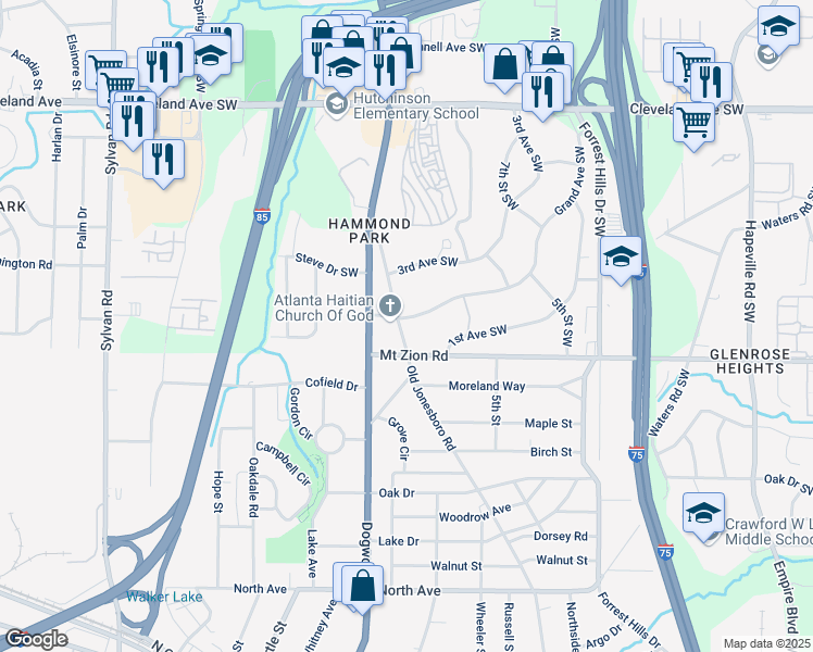 map of restaurants, bars, coffee shops, grocery stores, and more near 2992 Jonesboro Road Southeast in Atlanta