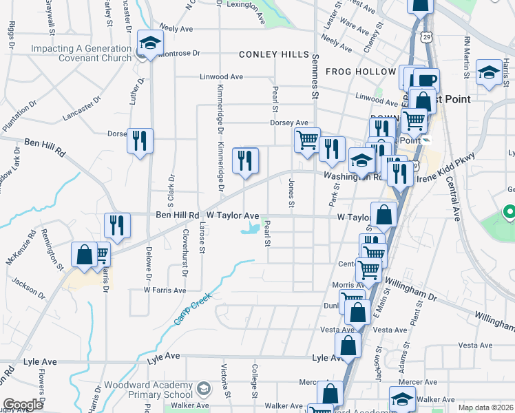 map of restaurants, bars, coffee shops, grocery stores, and more near 1912 West Taylor Avenue in East Point