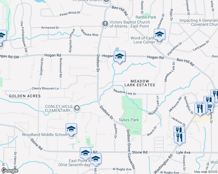 map of restaurants, bars, coffee shops, grocery stores, and more near 2638 Meadow Lark Drive in East Point
