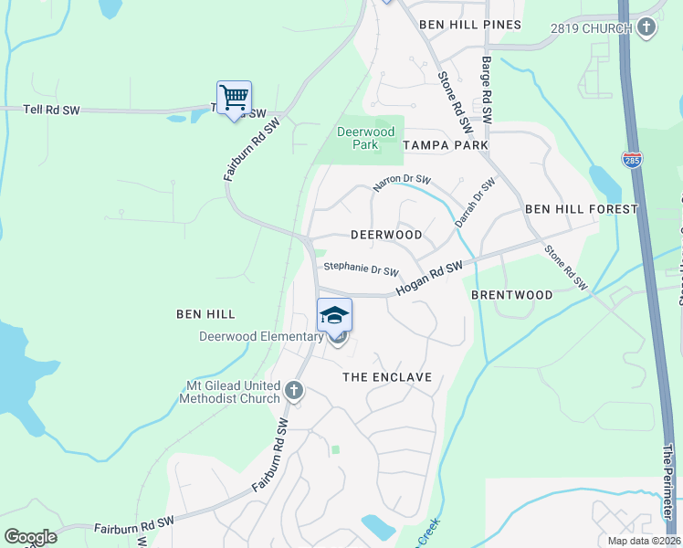 map of restaurants, bars, coffee shops, grocery stores, and more near 3818 Stephanie Drive Southwest in Atlanta