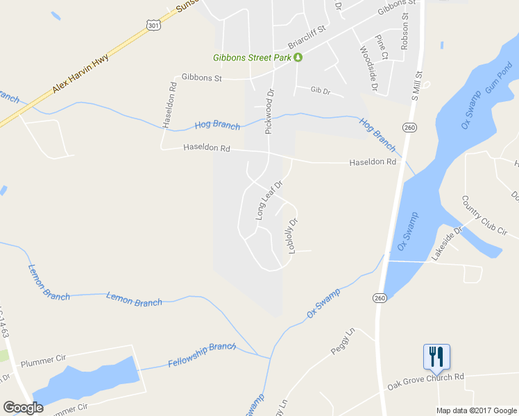 map of restaurants, bars, coffee shops, grocery stores, and more near 1107 Long Leaf Drive in Manning