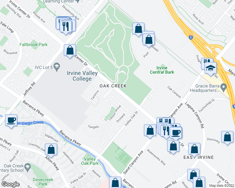 map of restaurants, bars, coffee shops, grocery stores, and more near 102 Tangerine in Irvine