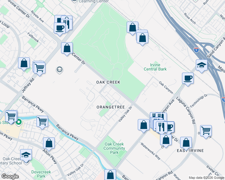 map of restaurants, bars, coffee shops, grocery stores, and more near 76 Tangerine in Irvine