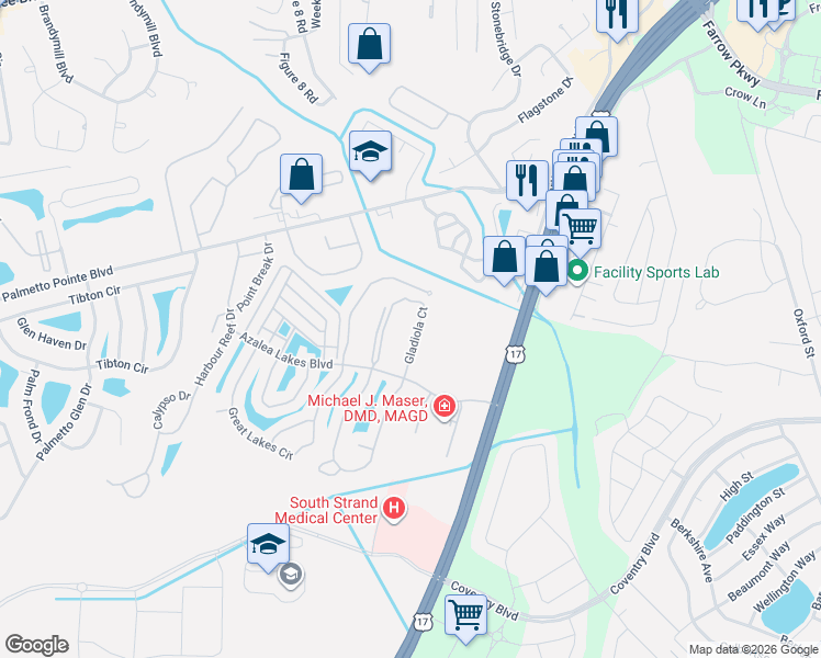 map of restaurants, bars, coffee shops, grocery stores, and more near 3919 Gladiola Court in Myrtle Beach