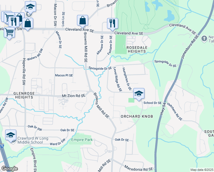 map of restaurants, bars, coffee shops, grocery stores, and more near 2953 River Ridge Drive Southwest in Atlanta