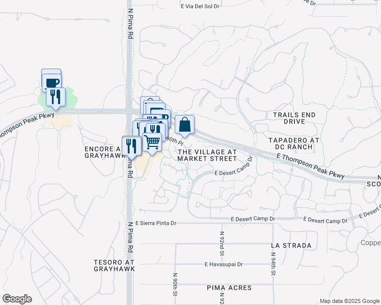 map of restaurants, bars, coffee shops, grocery stores, and more near Village at Market Street Condominium in Scottsdale
