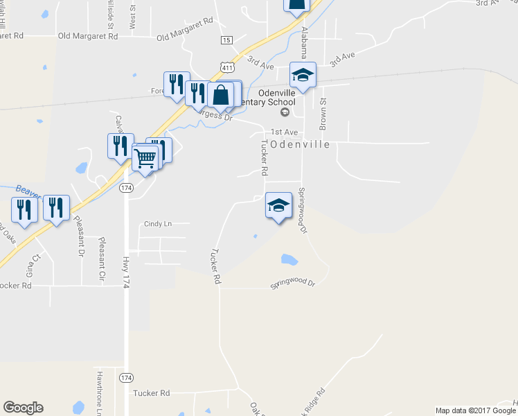 map of restaurants, bars, coffee shops, grocery stores, and more near 1140 Tucker Road in Odenville