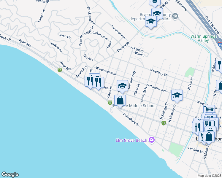 map of restaurants, bars, coffee shops, grocery stores, and more near West Heald Avenue & Davis Street in Lake Elsinore