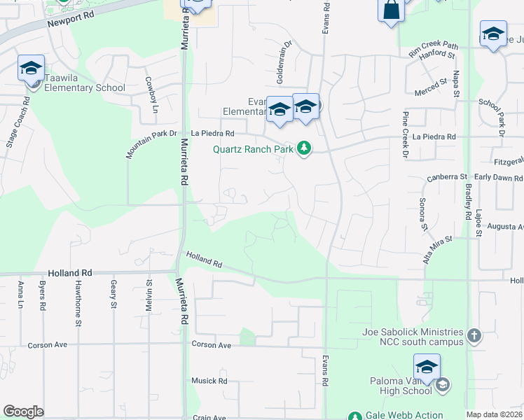 map of restaurants, bars, coffee shops, grocery stores, and more near 26219 Silver Birch Drive in Menifee
