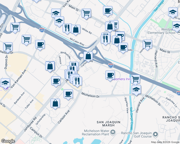 map of restaurants, bars, coffee shops, grocery stores, and more near in Irvine