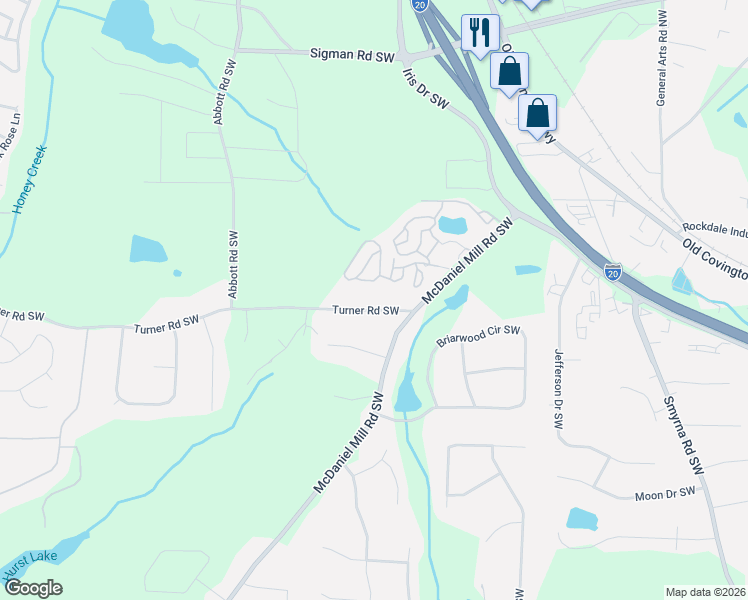 map of restaurants, bars, coffee shops, grocery stores, and more near 2448 Turner Road Southwest in Conyers
