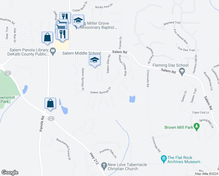 map of restaurants, bars, coffee shops, grocery stores, and more near 5360 Salem Springs Drive in Lithonia
