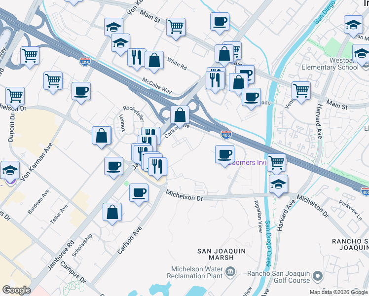 map of restaurants, bars, coffee shops, grocery stores, and more near in Irvine