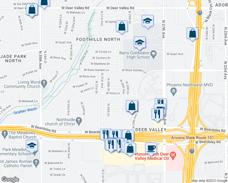 map of restaurants, bars, coffee shops, grocery stores, and more near 3030 West Irma Lane in Phoenix