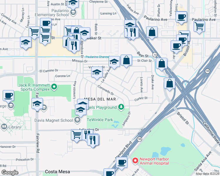 map of restaurants, bars, coffee shops, grocery stores, and more near 946 Coronado Drive in Costa Mesa