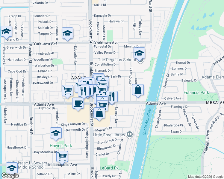 map of restaurants, bars, coffee shops, grocery stores, and more near 19867 Piccadilly Lane in Huntington Beach