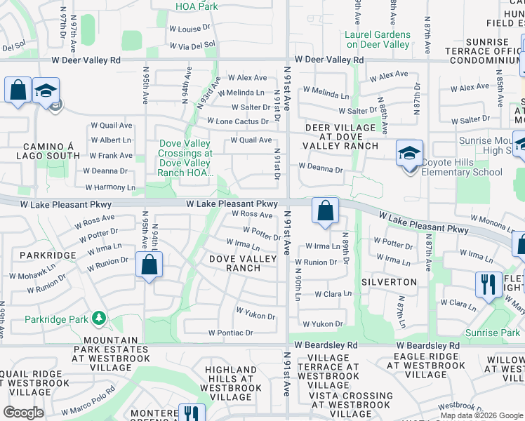 map of restaurants, bars, coffee shops, grocery stores, and more near 9237 West Ross Avenue in Peoria