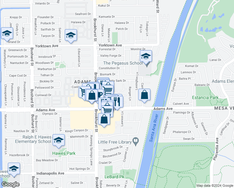 map of restaurants, bars, coffee shops, grocery stores, and more near 19867 Piccadilly Lane in Huntington Beach