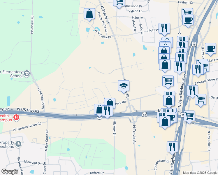 map of restaurants, bars, coffee shops, grocery stores, and more near 4100 North Travis Street in Sherman