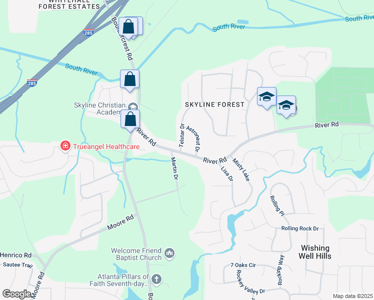 map of restaurants, bars, coffee shops, grocery stores, and more near 2126 River Road in Ellenwood