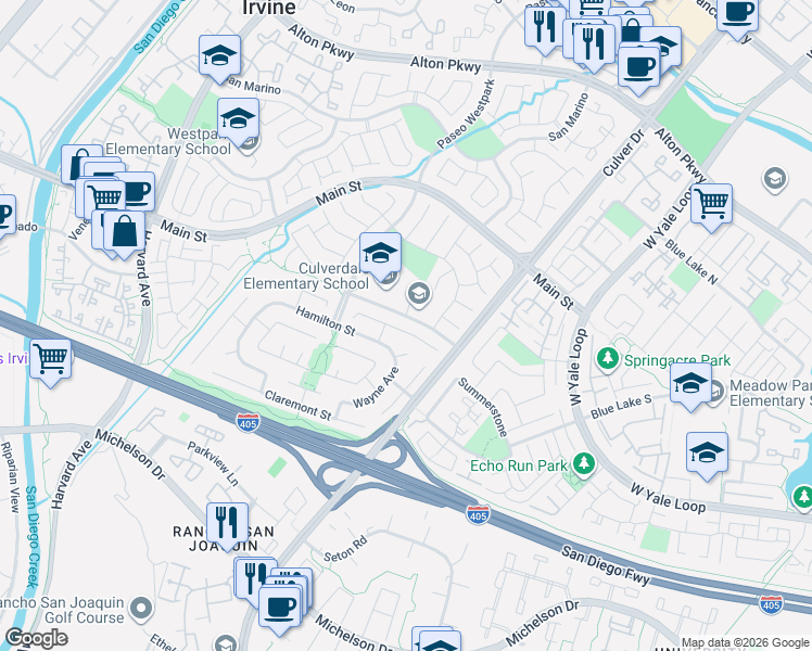 map of restaurants, bars, coffee shops, grocery stores, and more near 3871 Hendrix Street in Irvine