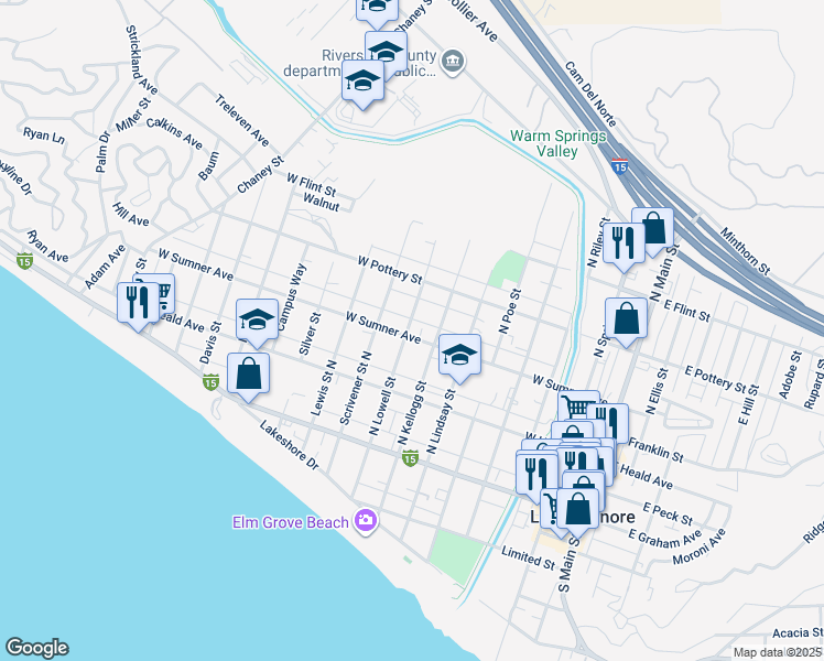 map of restaurants, bars, coffee shops, grocery stores, and more near 711 West Sumner Avenue in Lake Elsinore