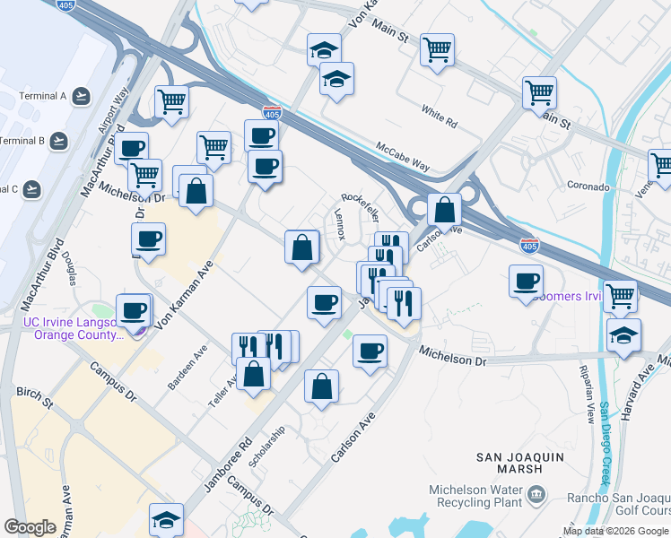 map of restaurants, bars, coffee shops, grocery stores, and more near 1505 Rivington in Irvine