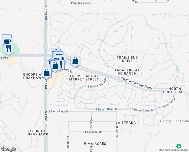 map of restaurants, bars, coffee shops, grocery stores, and more near 9239 East Hoverland Road in Scottsdale