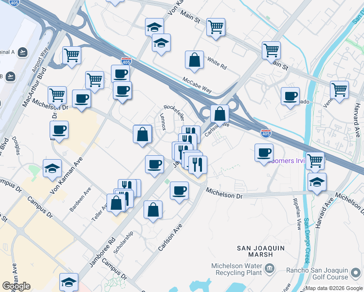 map of restaurants, bars, coffee shops, grocery stores, and more near 3710 Rivington in Irvine