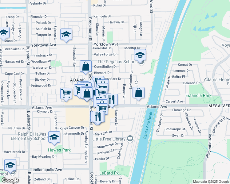 map of restaurants, bars, coffee shops, grocery stores, and more near 19868 Piccadilly Lane in Huntington Beach