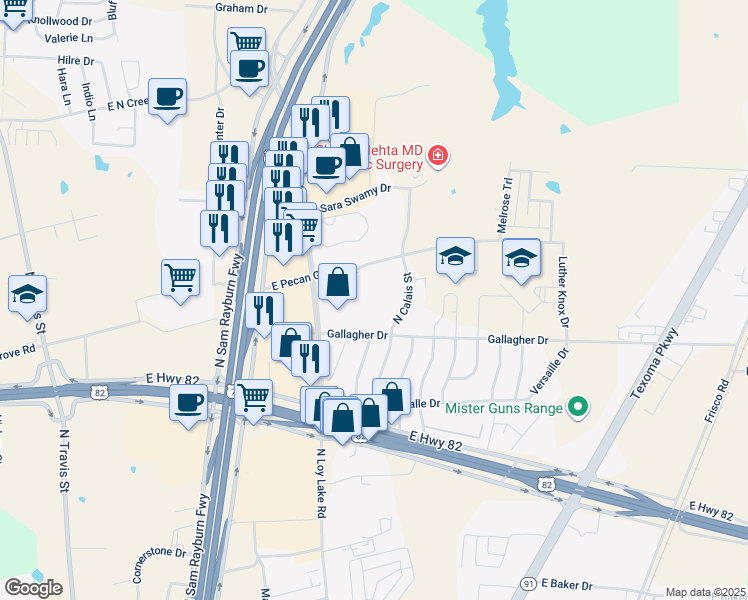 map of restaurants, bars, coffee shops, grocery stores, and more near 1111 Gallagher Drive in Sherman