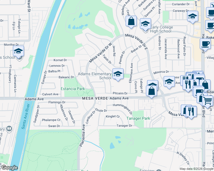 map of restaurants, bars, coffee shops, grocery stores, and more near 2832 Stromboli Road in Costa Mesa