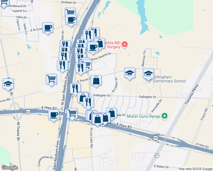 map of restaurants, bars, coffee shops, grocery stores, and more near 1111 Gallagher Drive in Sherman