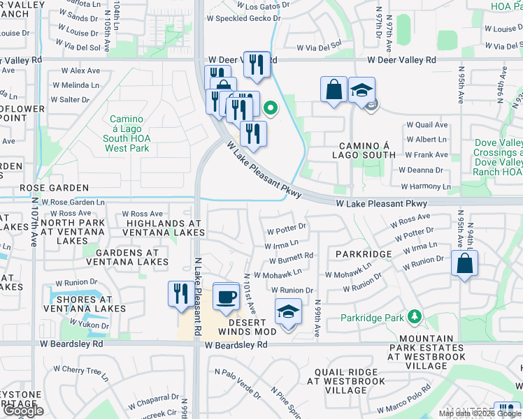 map of restaurants, bars, coffee shops, grocery stores, and more near 28065 North 100th Lane in Peoria