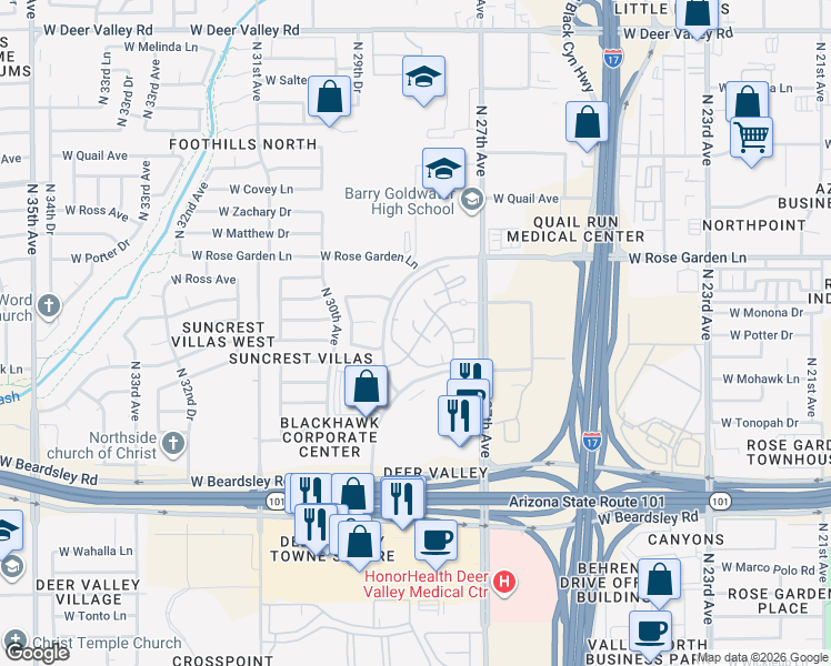 map of restaurants, bars, coffee shops, grocery stores, and more near 20808 North 27th Avenue in Phoenix