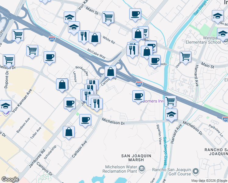 map of restaurants, bars, coffee shops, grocery stores, and more near in Irvine