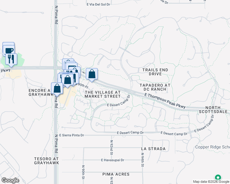 map of restaurants, bars, coffee shops, grocery stores, and more near 9239 East Hoverland Road in Scottsdale