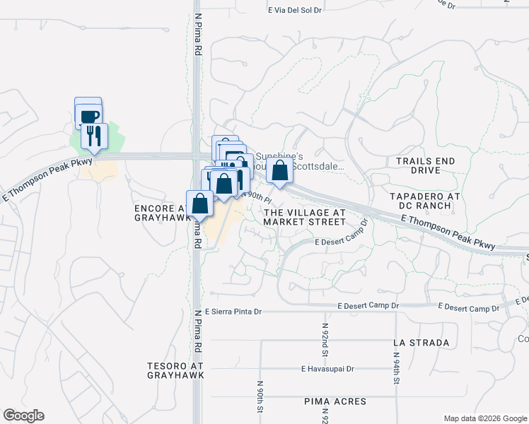 map of restaurants, bars, coffee shops, grocery stores, and more near Village at Market Street Condominium in Scottsdale