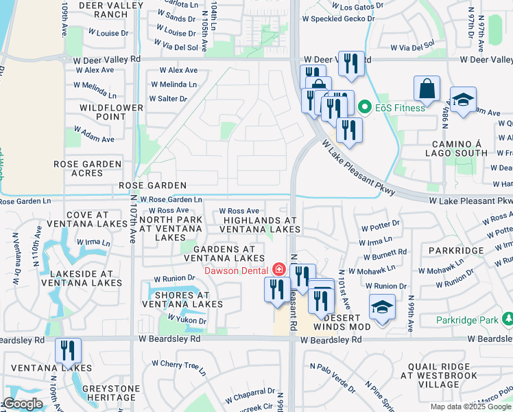 map of restaurants, bars, coffee shops, grocery stores, and more near 10327 West Ross Avenue in Peoria