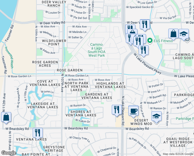map of restaurants, bars, coffee shops, grocery stores, and more near 10363 West Ross Avenue in Peoria