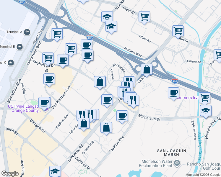 map of restaurants, bars, coffee shops, grocery stores, and more near 2700-2740 Michelson Drive in Irvine