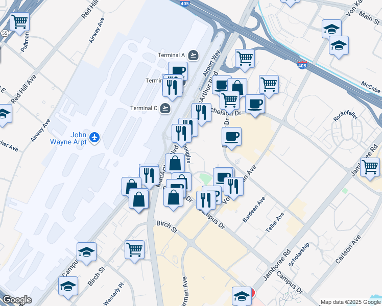 map of restaurants, bars, coffee shops, grocery stores, and more near 18616 Douglas in Irvine