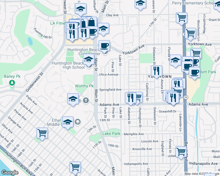 map of restaurants, bars, coffee shops, grocery stores, and more near 1738 Pine Street in Huntington Beach