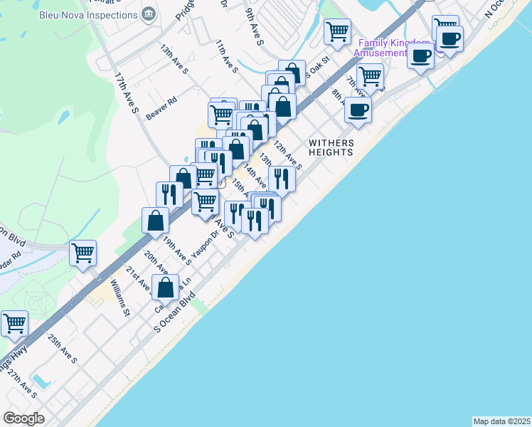 map of restaurants, bars, coffee shops, grocery stores, and more near 1600 South Ocean Boulevard in Myrtle Beach