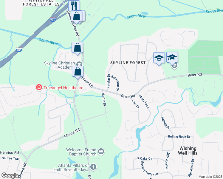 map of restaurants, bars, coffee shops, grocery stores, and more near 2126 River Road in Ellenwood