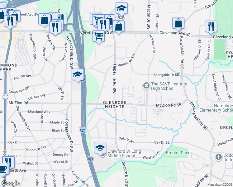 map of restaurants, bars, coffee shops, grocery stores, and more near 2972 Hapeville Road Southwest in Atlanta